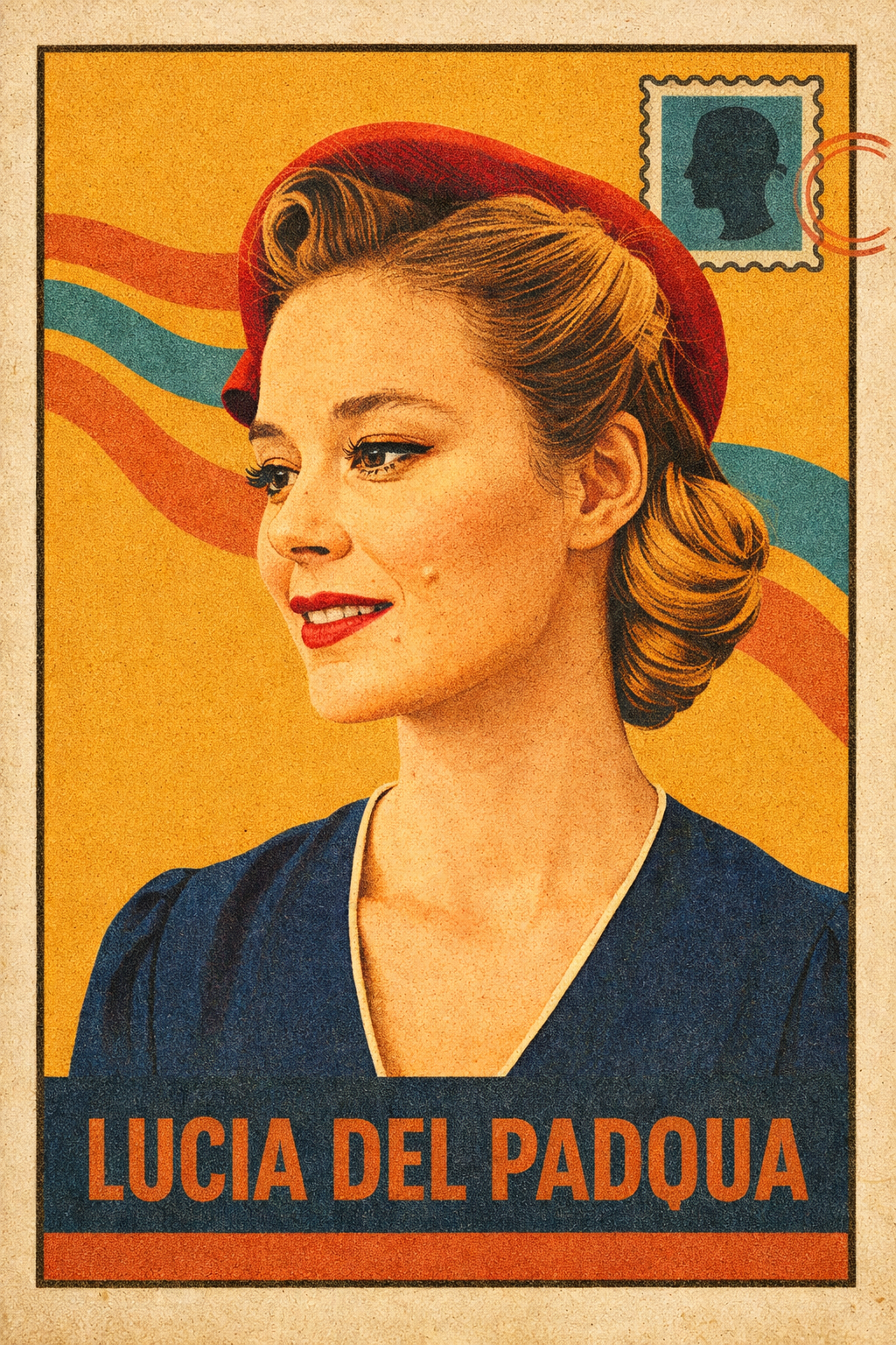 Poster vintage raffigurante una donna con capelli raccolti, sfondo con linee ondulate colorate, nome Lucia del Padova in evidenza.