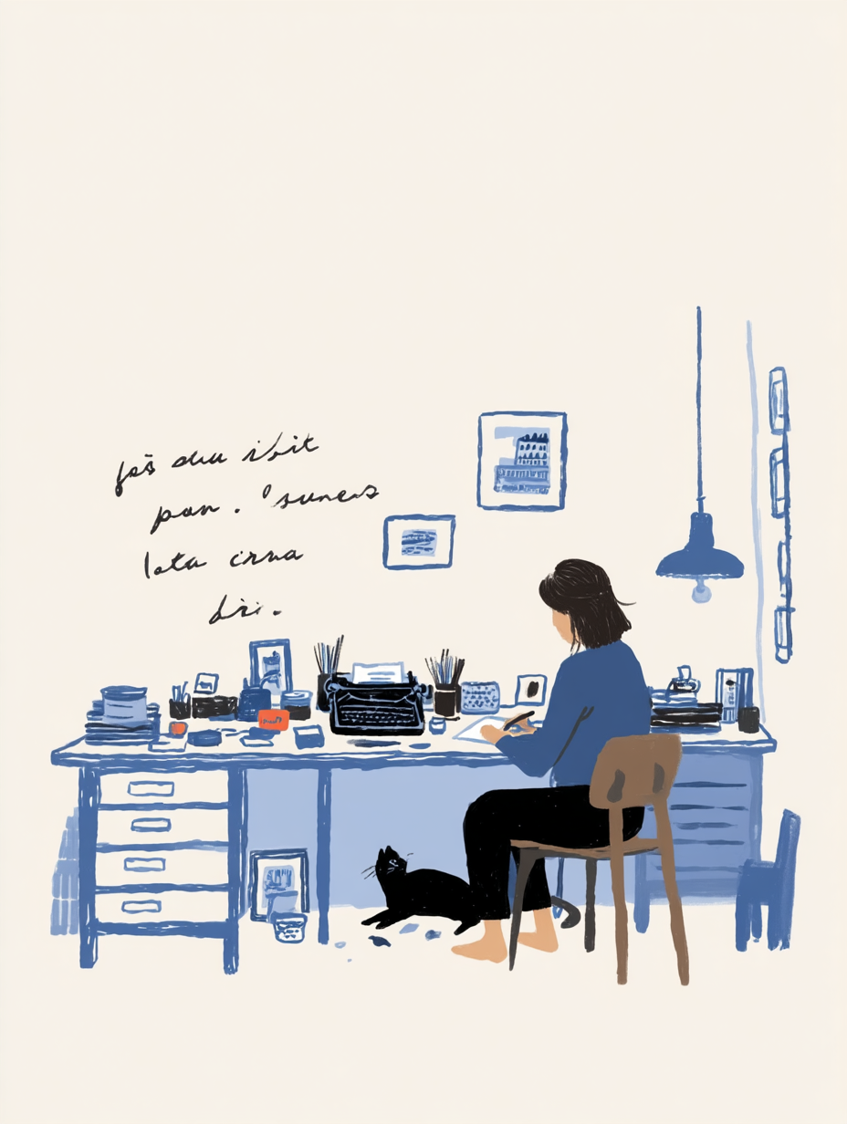 Una donna seduta a una scrivania mentre lavora, con un gatto nero vicino ai suoi piedi. La stanza è decorata con quadri e ha una lampada sospesa.