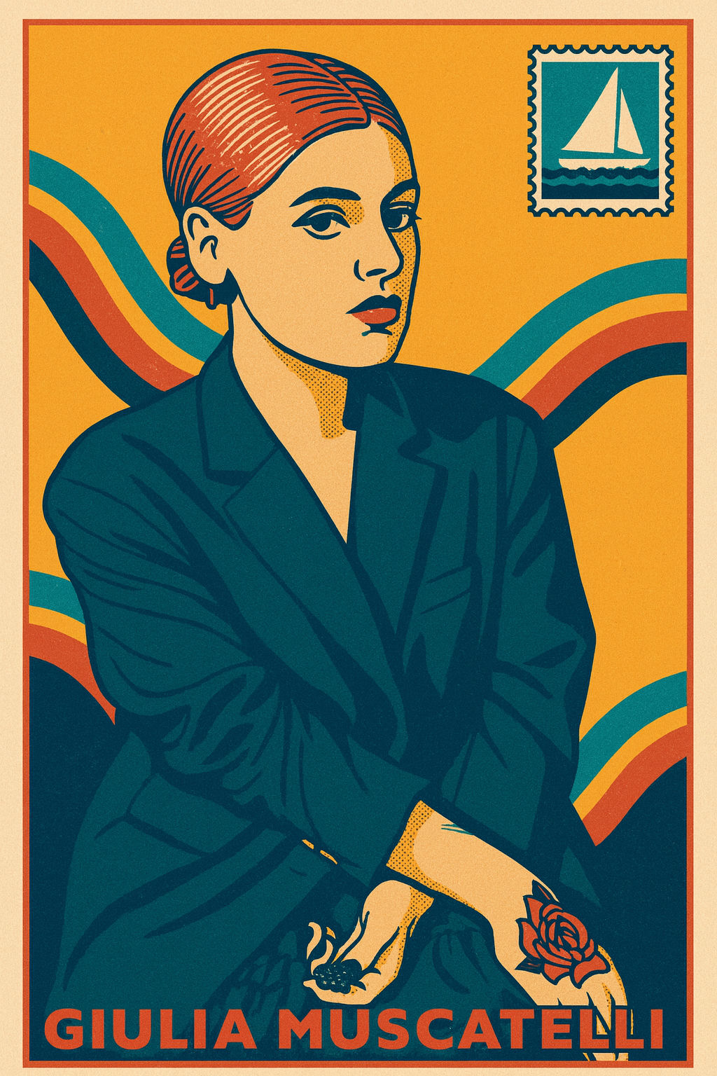 ...poster stile pop art con ritratti di una donna con capelli castani e occhi azzurri, indossa una giacca scura, sullo sfondo onde colorate e un francobollo con barca a vela, con il testo 'Giulia Muscatelli'.