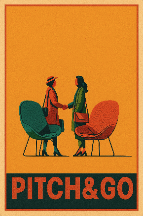 Due persone che si stringono la mano, sedute di fronte su sedie colorate, con il logo 'Pitch & Go' sotto.