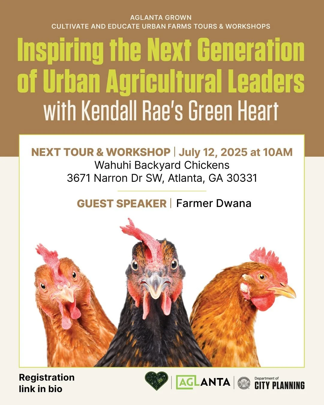 🐣🐓 Our next workshop will be featuring backyard chickens! Learn about how Farmer Dwana has successfully been raising chickens in her backyard for over 5 years, and how you can too. Sign up at the link in our bio, and be sure to bring your questions