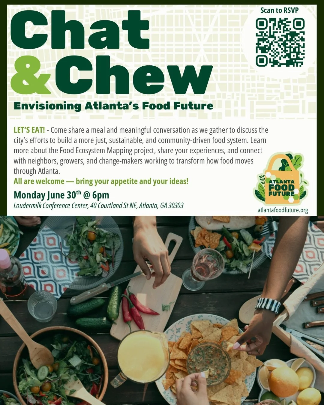 🍽️ Let&rsquo;s Chat &amp; Chew, Atlanta! 🗣️🌱

We&rsquo;re building the future of food in Atlanta&mdash;and you&rsquo;re invited to help shape it!

Join us for a community meal + conversation at Chat &amp; Chew: Envisioning Atlanta&rsquo;s Food Fut