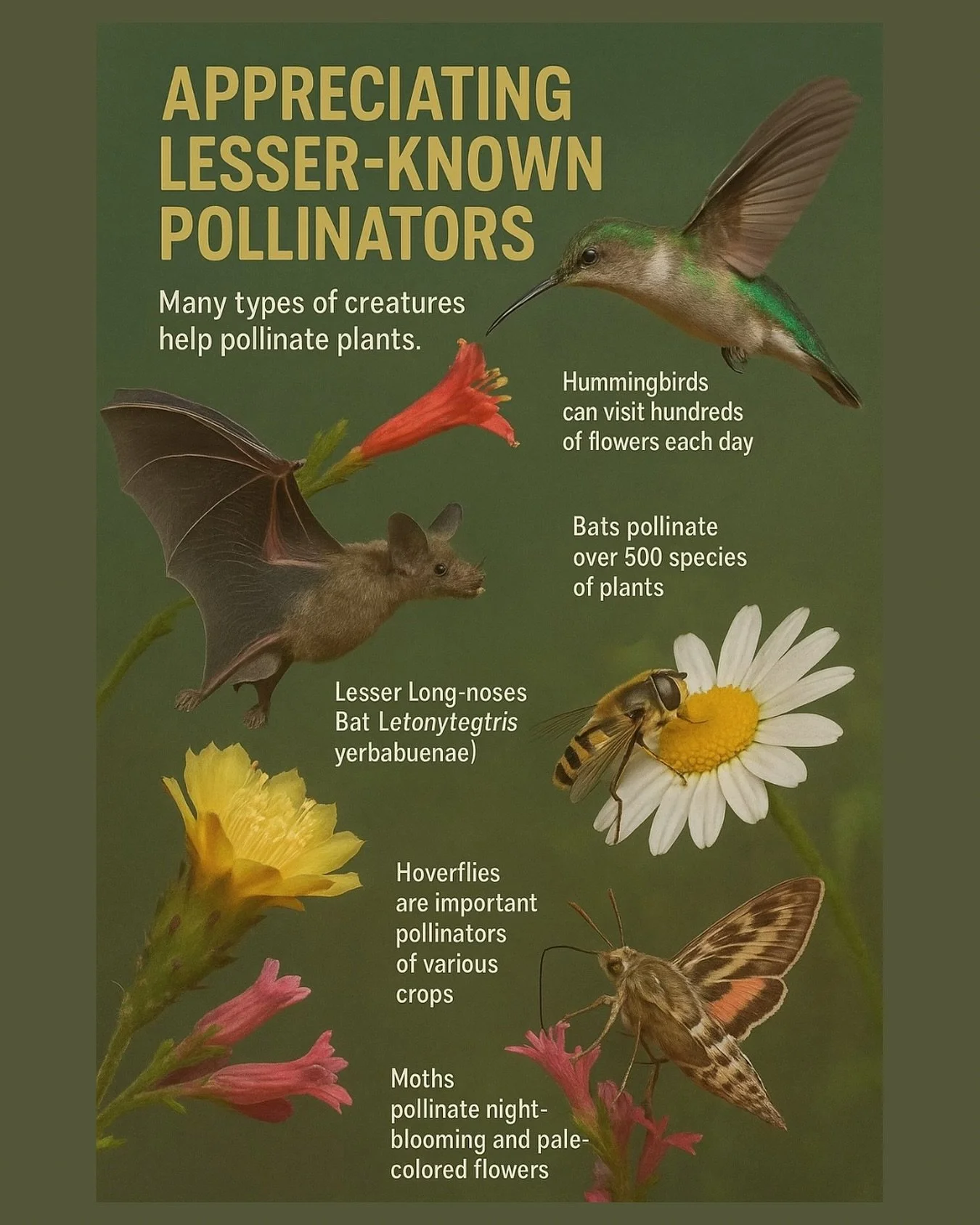 When you think of pollinators, bees usually steal the spotlight but did you know that bats, hummingbirds, moths, and even hoverflies play huge roles in keeping our ecosystems thriving? 🌺🦇🦋🐦

#PollinatorWeek&nbsp;&nbsp;
#SupportLocal 
#Sustainable