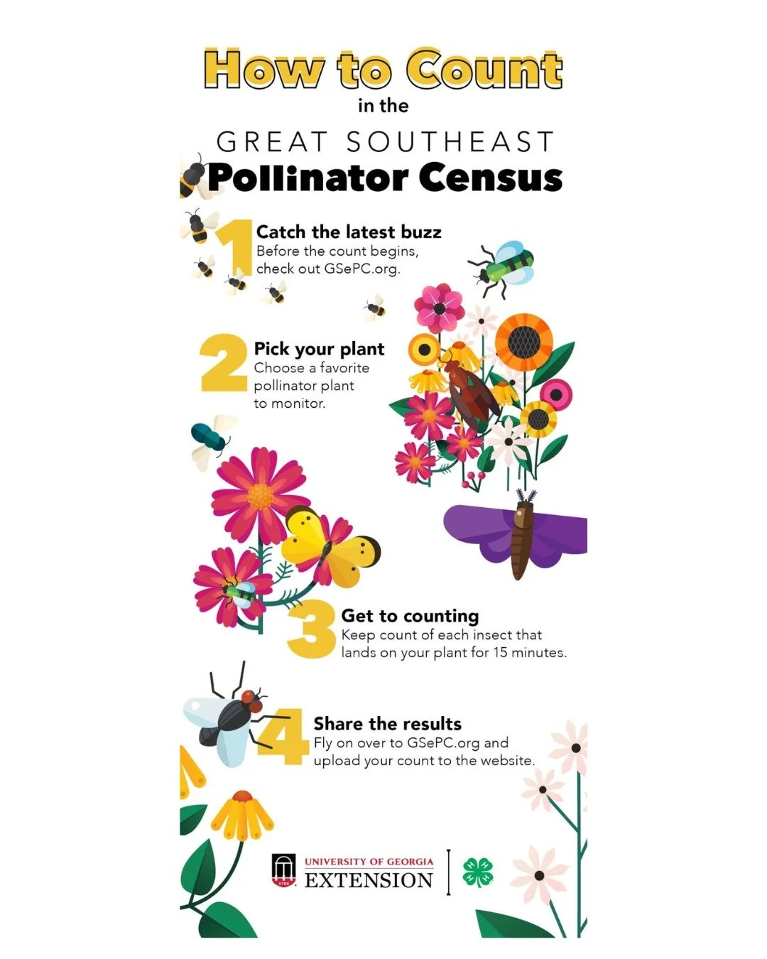 🦋🌻🌺 Don't let the weather stop You! This year's Great Southeast Pollinator Census is Friday, August 22nd - Sunday, August 24th. Check out the flyer and go to https://gsepc.org/resources/ to learn more about how to participate. 🌼🌸🐝

#southeastpo