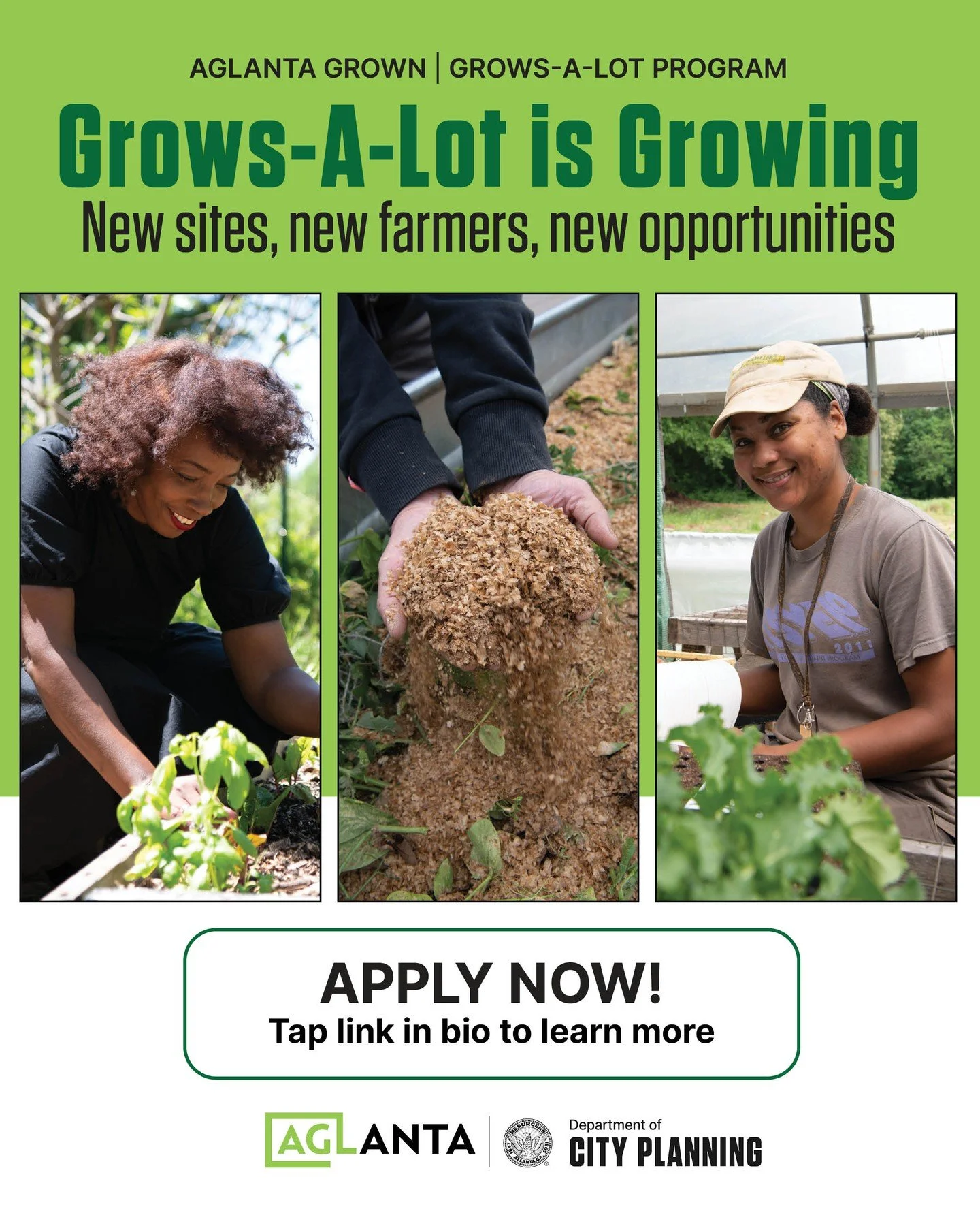 Grows-A-Lot is Growing:

🌱Applications are now open for the AgLanta&rsquo;s Grows-A-Lot Program! 

We&rsquo;re looking for three passionate farmers or groups to transform City-owned land into thriving, food-producing community spaces. 

Find the tim