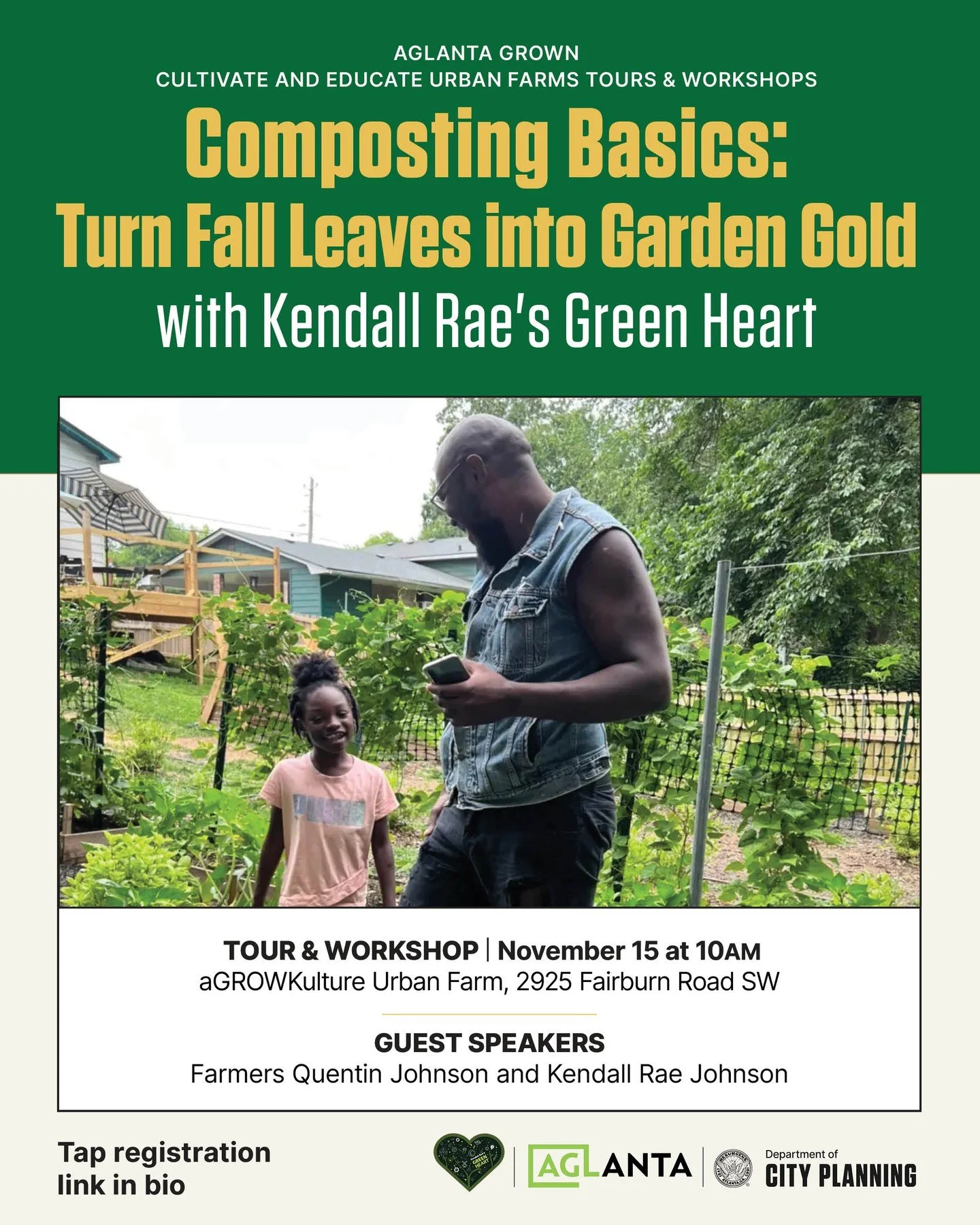 The learning continues....

Turn your food scraps into garden gold! Join us for AgLanta X Kendall Rae&rsquo;s Green Heart Composting Workshop on Saturday, November 15 at 10:00 AM at aGROWkulture Urban Farm. Learn simple, sustainable ways to reduce wa