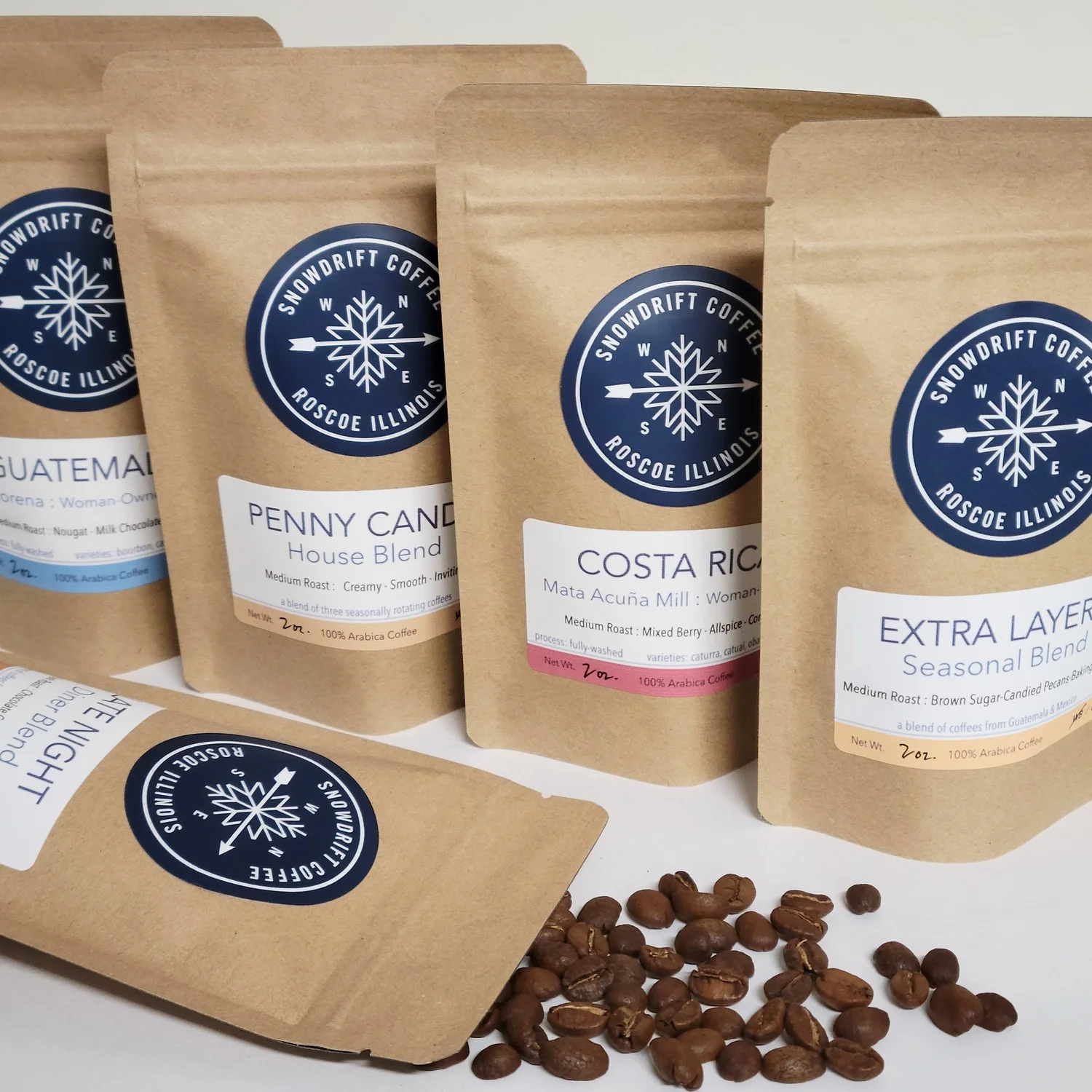 A white bag of coffee beans from Rosso Coffee Roasters