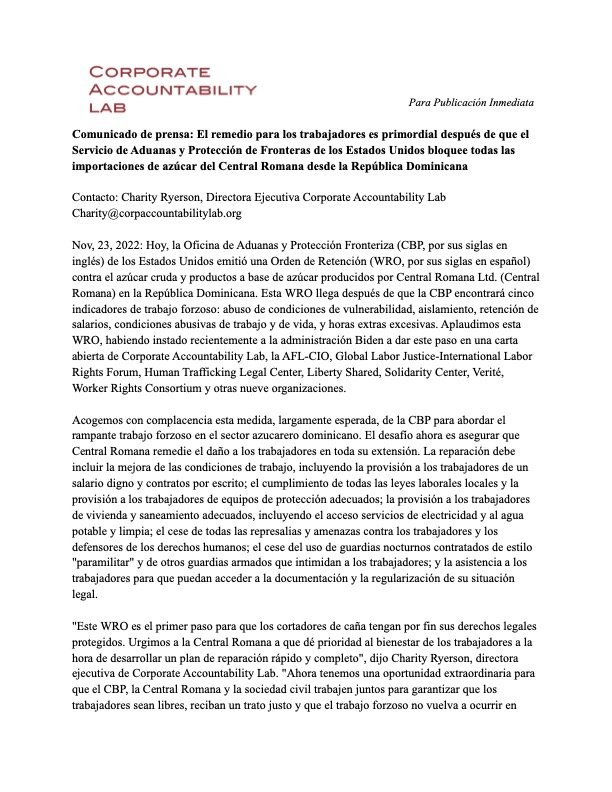 11.23.22 Spanish Press Release on DR Sugar WRO