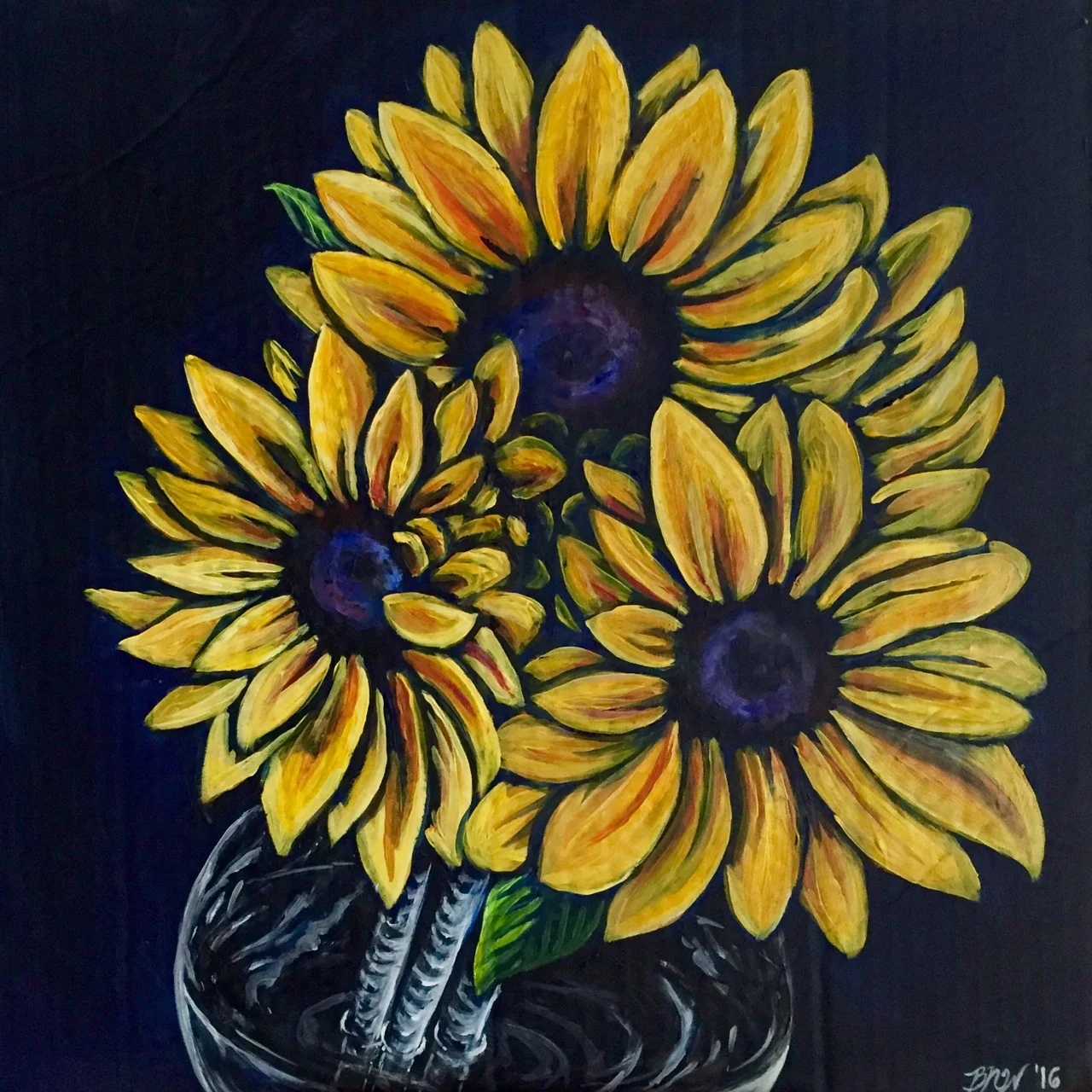 Sunflower Nights - SOLD 2016. Acrylic on cardboard. 18 x 18. 