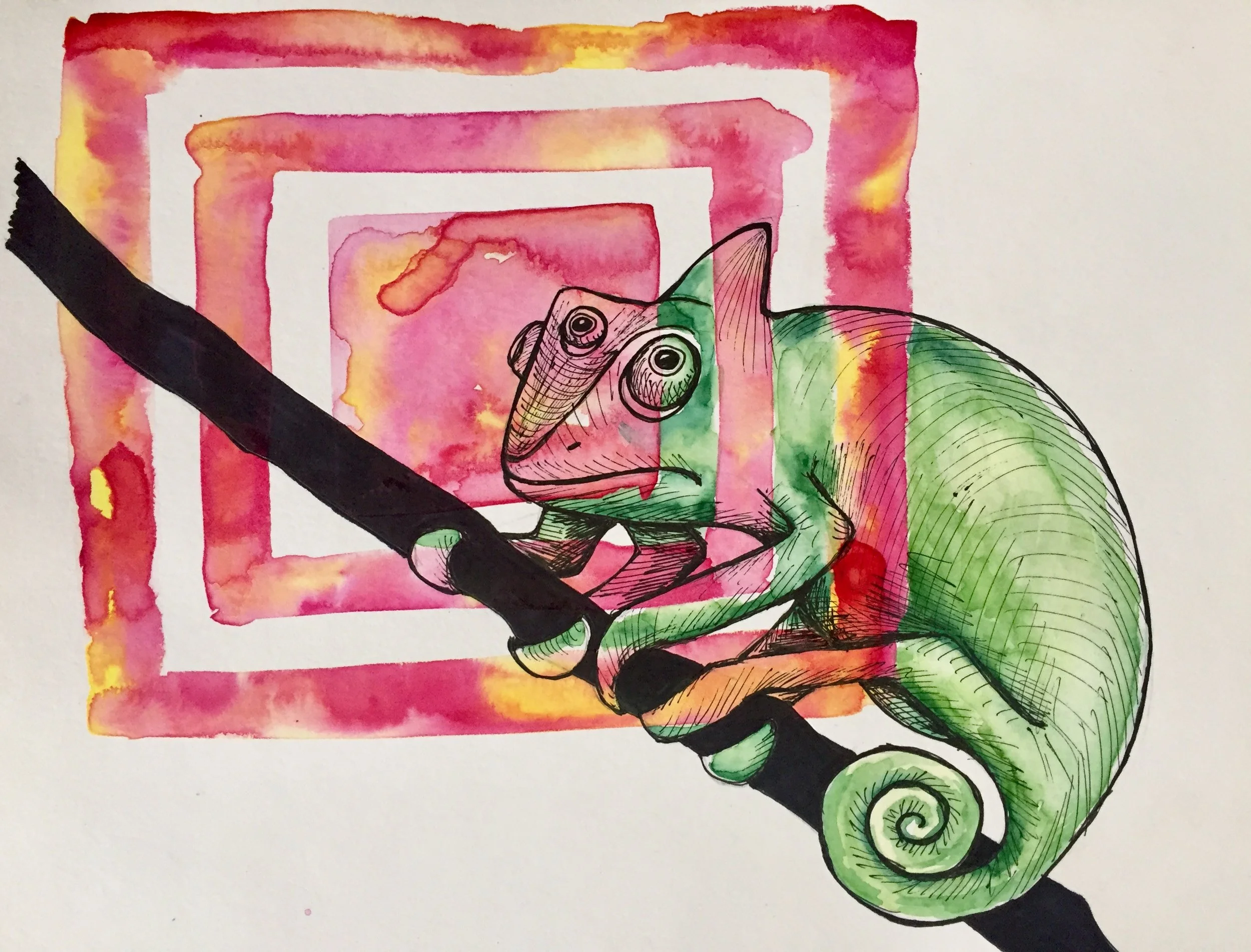 Chameleon 2017. Watercolor and ink on paper.