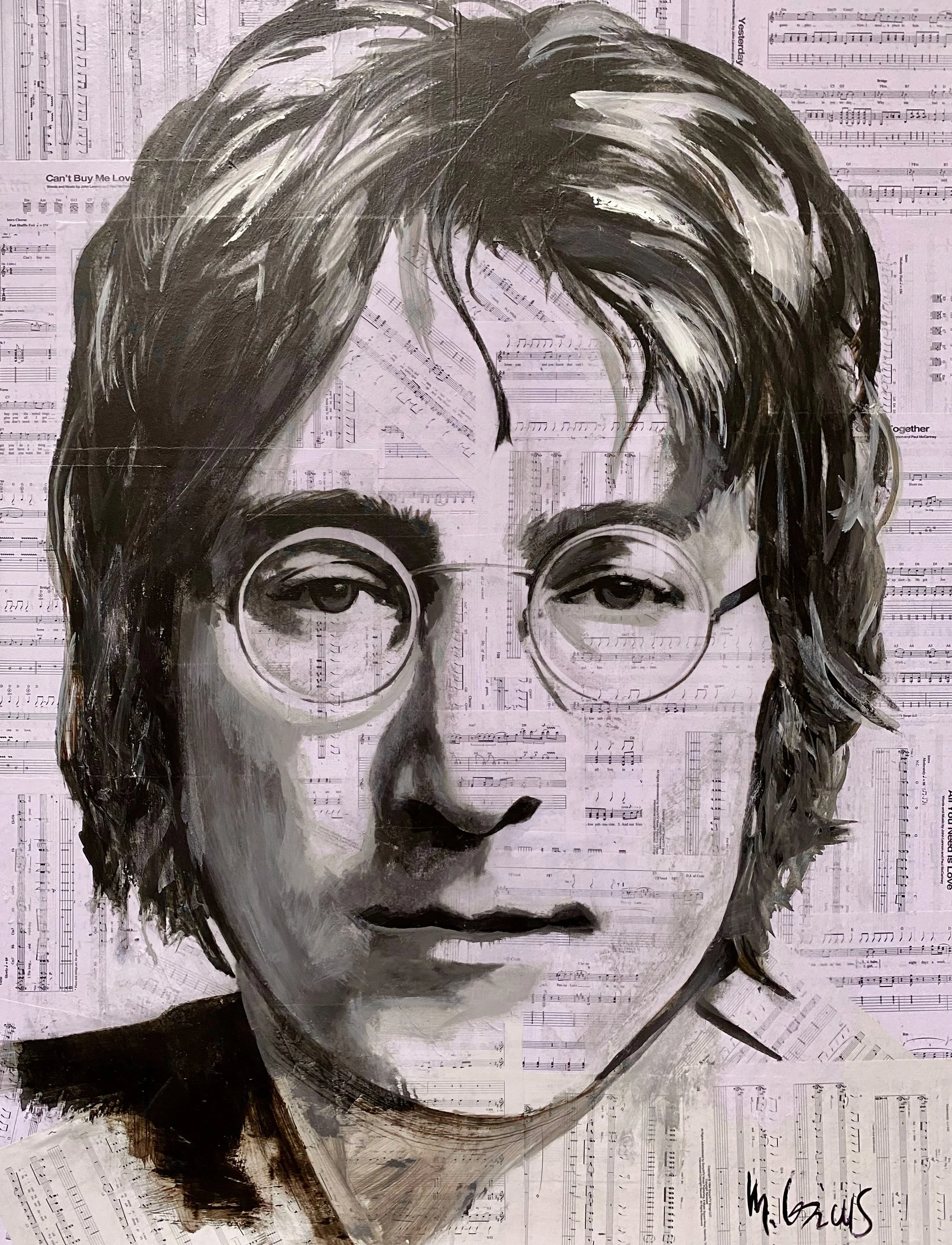 Acrylic hand painted portrait on original Beatles sheet music