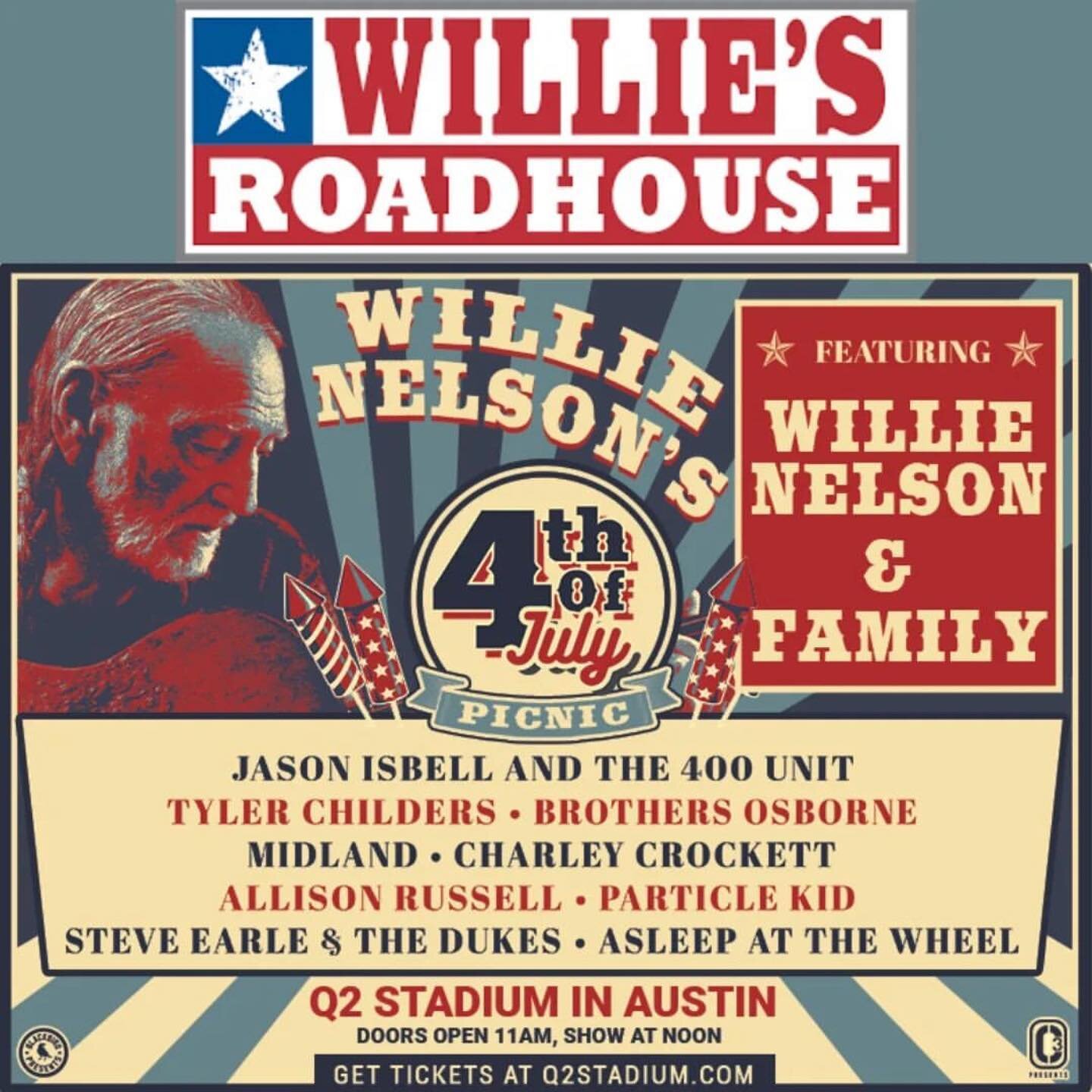 Our 4th of July Picnic will be broadcast LIVE from @q2stadium in Austin, Texas from 1pm-midnight ET on @siriusxm Channel 59 and the SXM app. Tune in!
If you made it to picnic in Austin come by our Willie&rsquo;s Joint tent for goodies and a photo wit