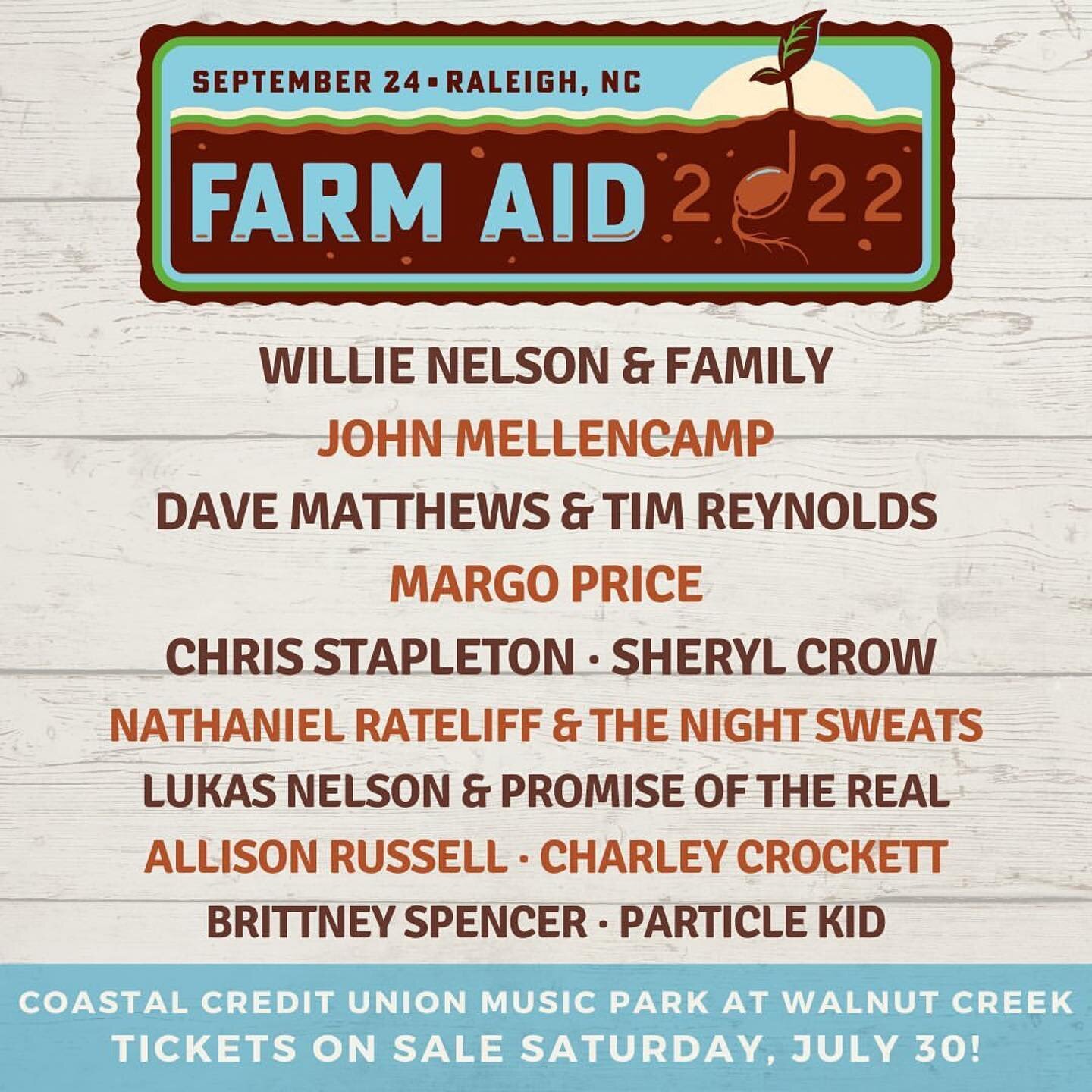 Did you hear? Farm Aid 2022 is heading to Coastal Credit Union Music Park at Walnut Creek in Raleigh, North Carolina, on Saturday, Sept.24! We hope to see you there. Tickets go on sale this Saturday, July 30, at 10 a.m. ET. Get more details about thi