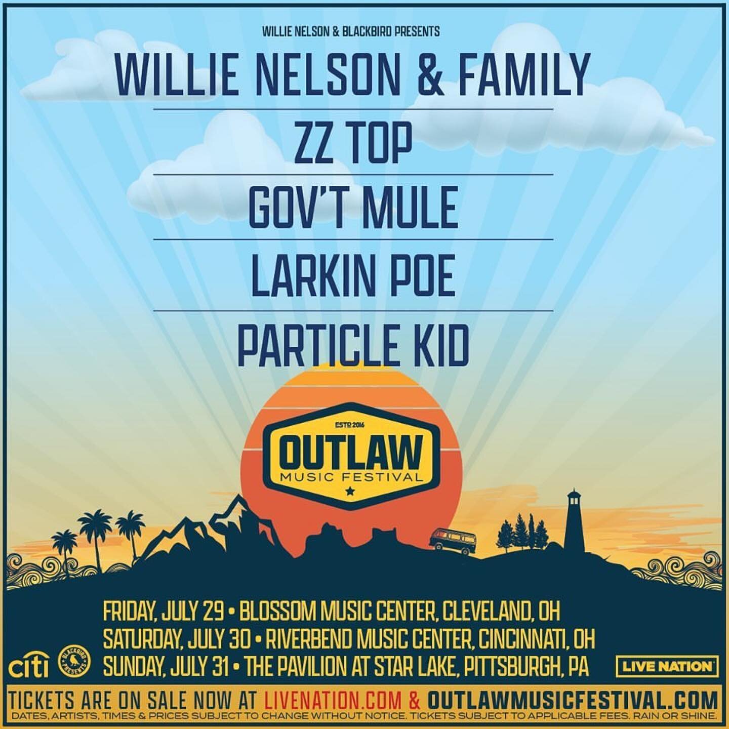 OOOOOOO-HIGH-OOOOOOOOOO 
Willie Nelson and Family is on their way way to Cleveland, Cincinnati, and Pittsburgh this weekend with the 2022 Outlaw Music Festival Tour! They&rsquo;re excited to join @willienelsonofficial @zztop @govtmule @larkinpoe and 