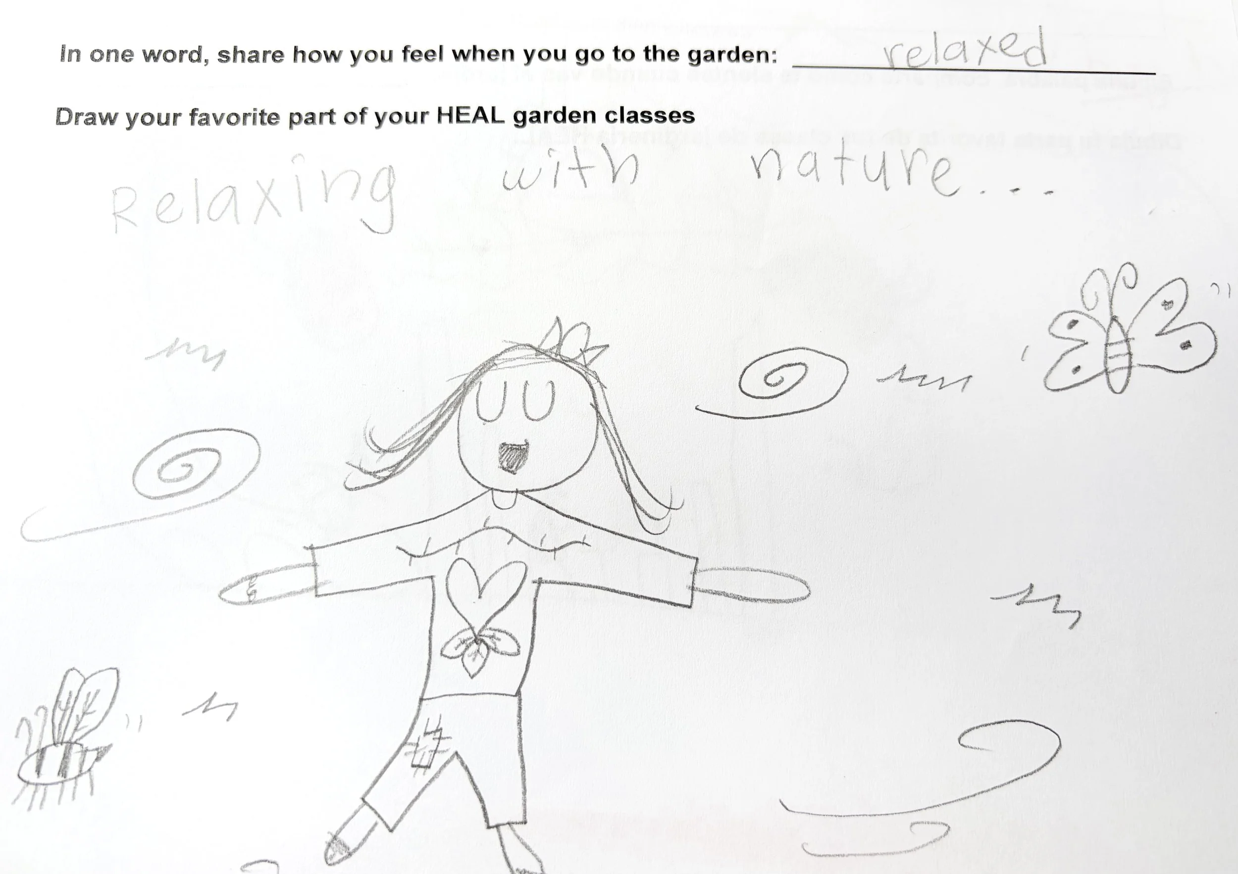 A child-drawn picture of a girl relaxing in nature