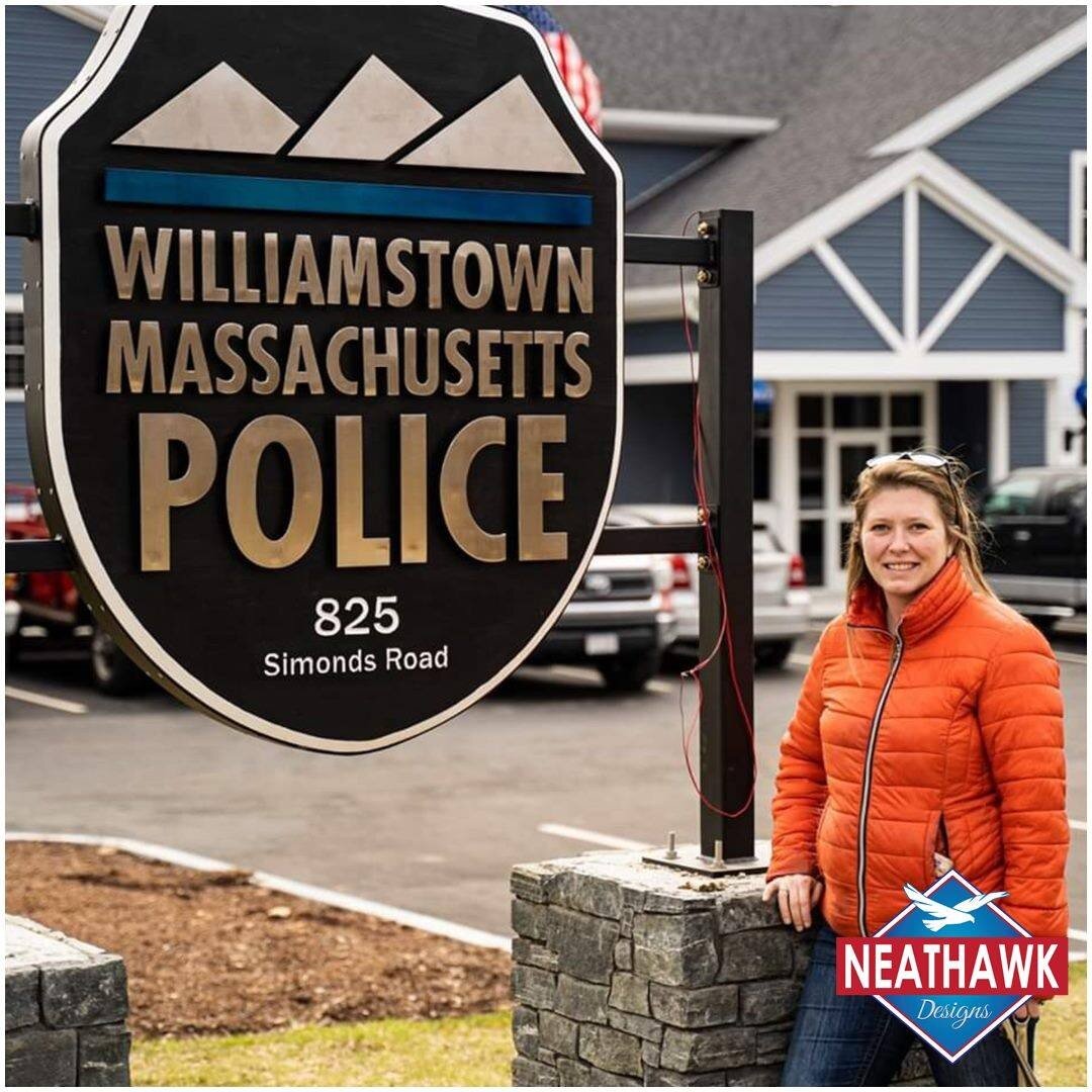 2019 Williamstown Police Department Sign
48in x 60in 
Plasma cut logo
Materials: Cedar CNCed out Shield of the logo, and painted Black with a white edge. and back LED lighted logo. Blue line powder coated with a semi transparent blue and backlite wit