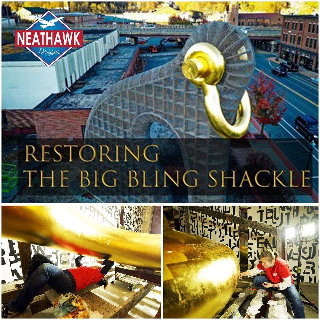 2019 Museum Project MASS MoCA -  BIG BLING
HUGE refurbishing gold leaf project
We cleaned the &lsquo;bling&rsquo; from the sculpture and then re-gold leafed the shackle and plugs
Materials: 23K Gold
Location: North Adams, Ma
&bull;
&bull;
Order your 