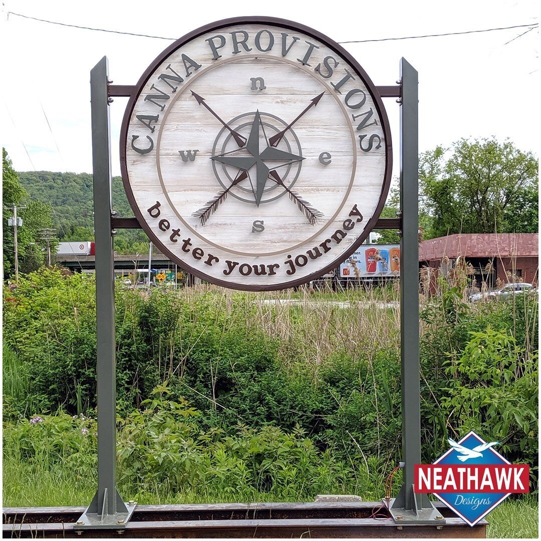 2019 Business Sign
&bull; 4ft x 4ft
&bull; Materials: Cedar sign - white washed - custom colors powder coated steel letters standing off about 1&rdquo; back light with LED lighting
&bull; Bracket &amp; Posts made in house. Steel powder coated matte b