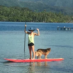 Jennifer Westfall, founder of Te Mana Travels, paddleboarding in the beautiful Tahiti and her islands, including Bora Bora, Taha'a and Rai'atea.