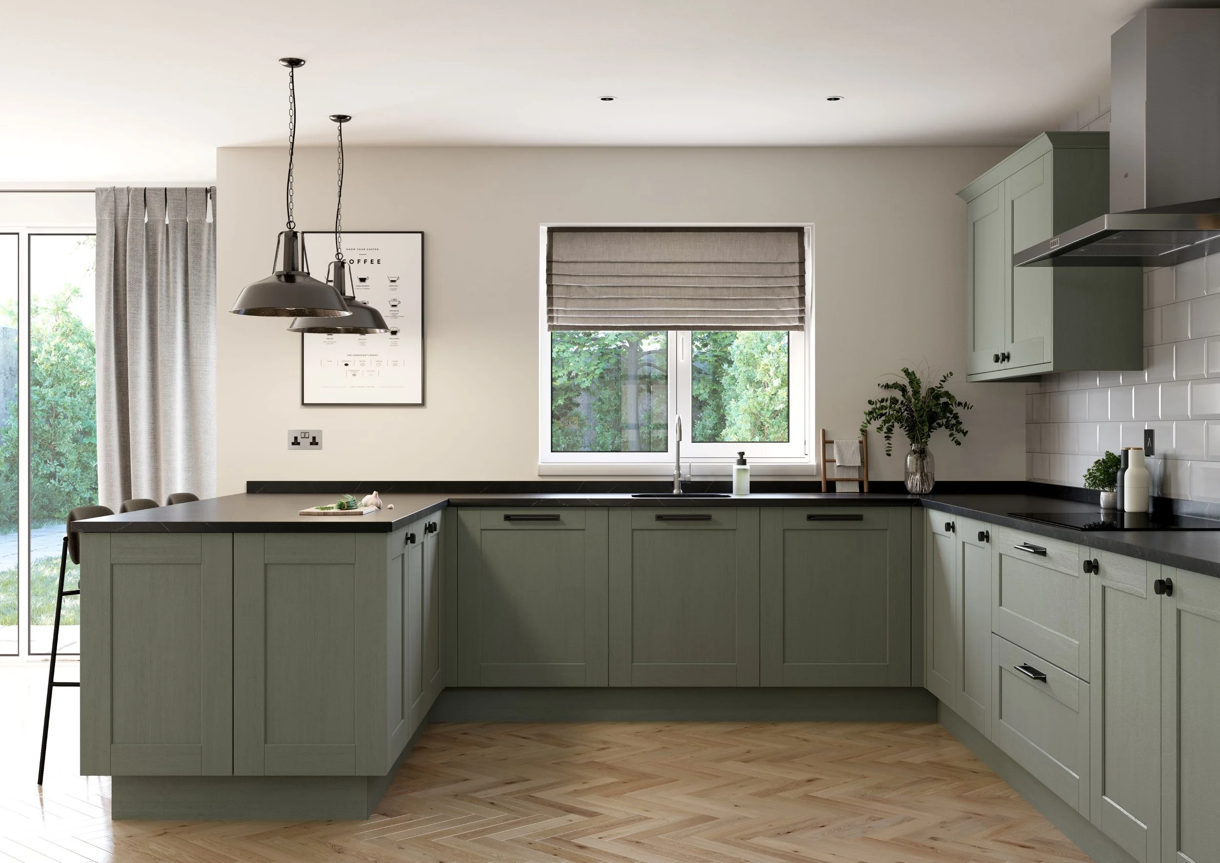 Modern kitchen with green cabinets, black countertops, a window, and hanging pendant lights.