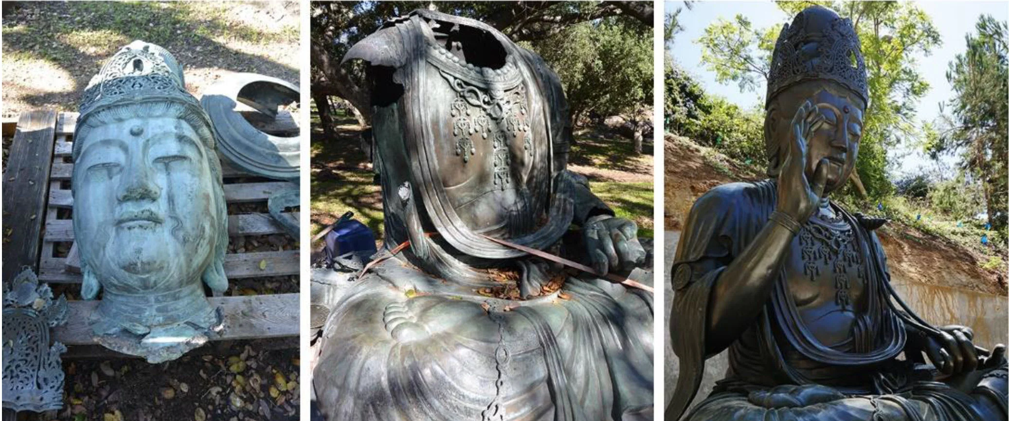 Left and Middle: Before restoration. Right: Restored statue in new setting. Photos courtesy of the Japanese Friendship Garden of San Diego, Deccember 20, 2018 press release.