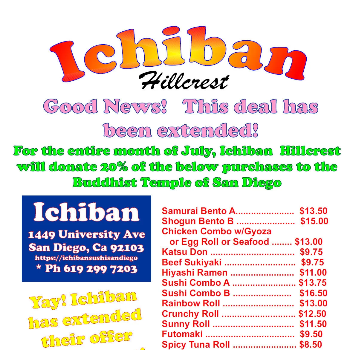 Ichiban Hillcrest Fundraiser EXTENDED through July!