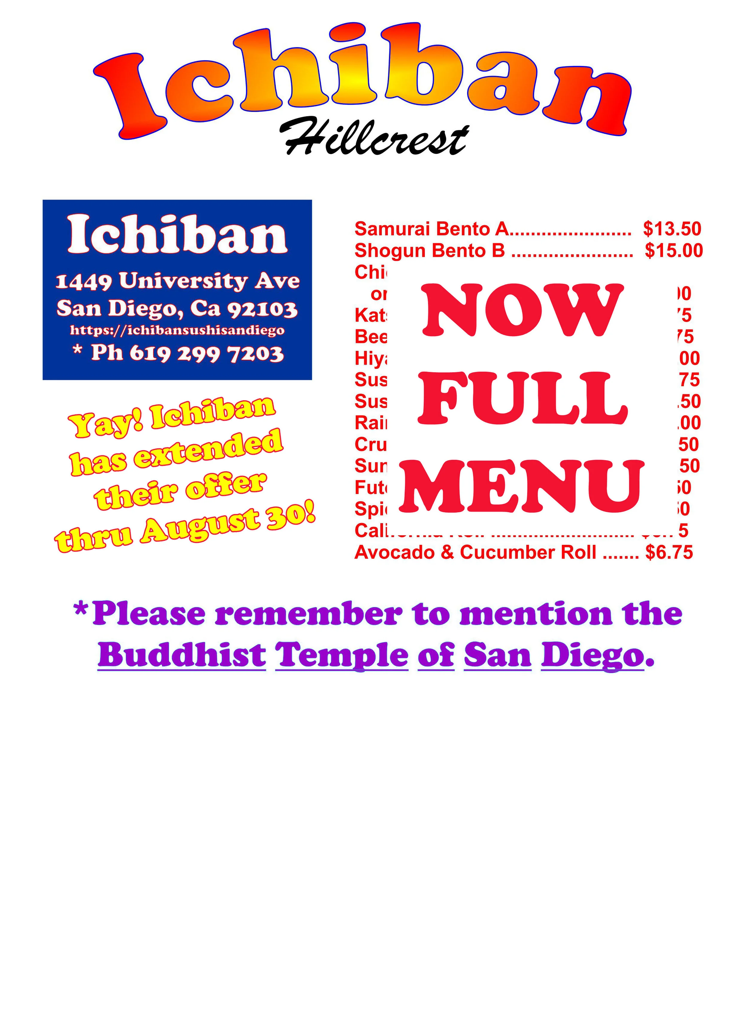 Ichiban Hillcrest Opens Full Menu to Fundraiser in August