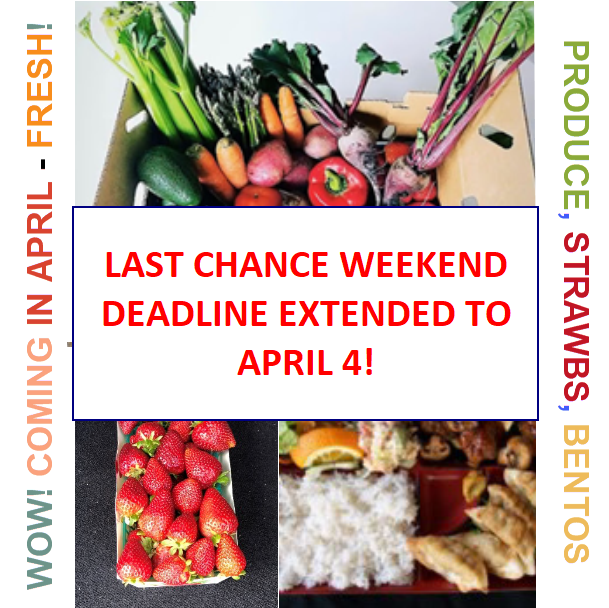 DEADLINE EXTENDED THRU WEEKEND:  Order Yasukochi Farms Box, Ichiban Bento Etc. NOW!