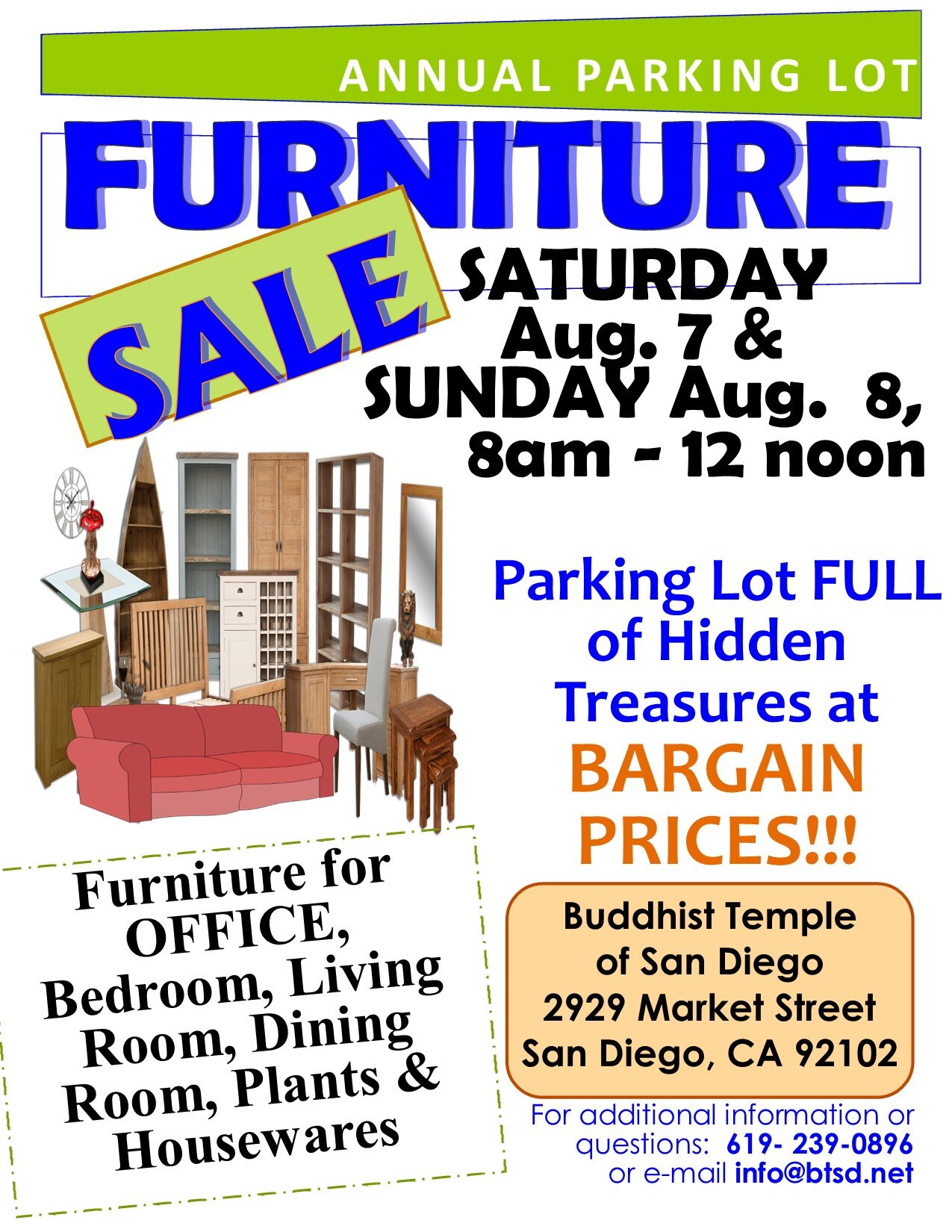 Furniture Sale August 7 and 8 -- For Public and Sangha