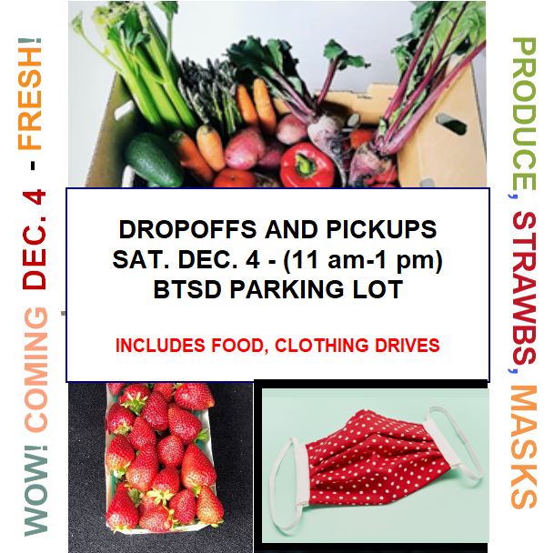 Saturday, Dec. 4: Pickups for Yasukochi, Brittle, T-Shirts; Dropoffs of Food and Clothing