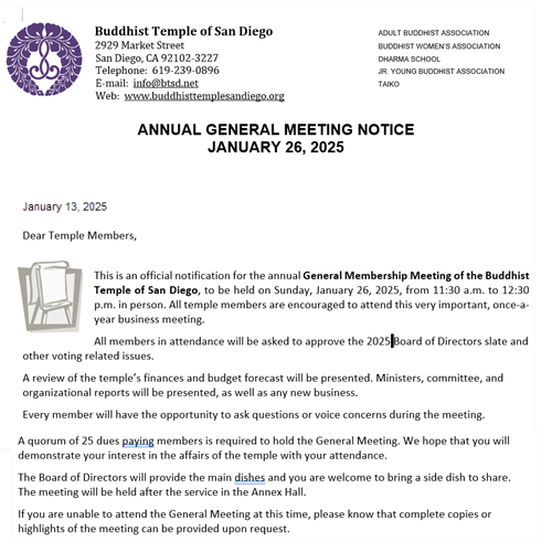 Temple General Membership Meeting Sunday, Jan. 26 (After Service)