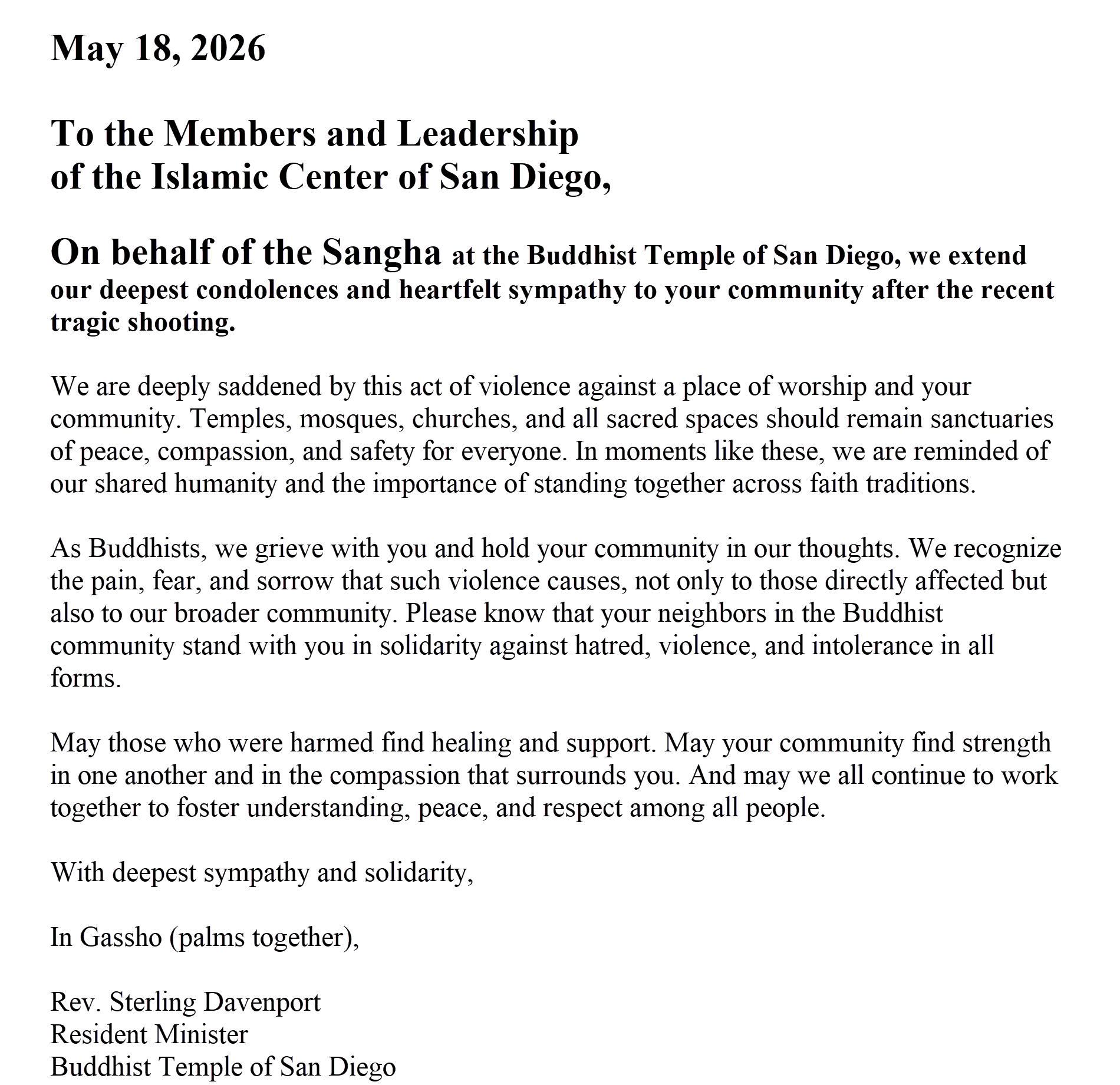 BTSD Stands in Solidarity with San Diego's Islamic Center