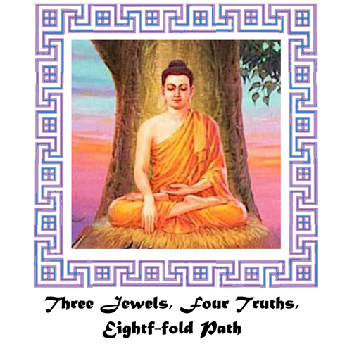 Image of Earth-Touching Buddha with text "Three Jewels, Four Truths, Eight-fold Path