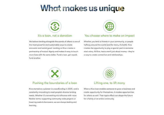 New messaging on Kiva’s About Us page reflects their unified offering.