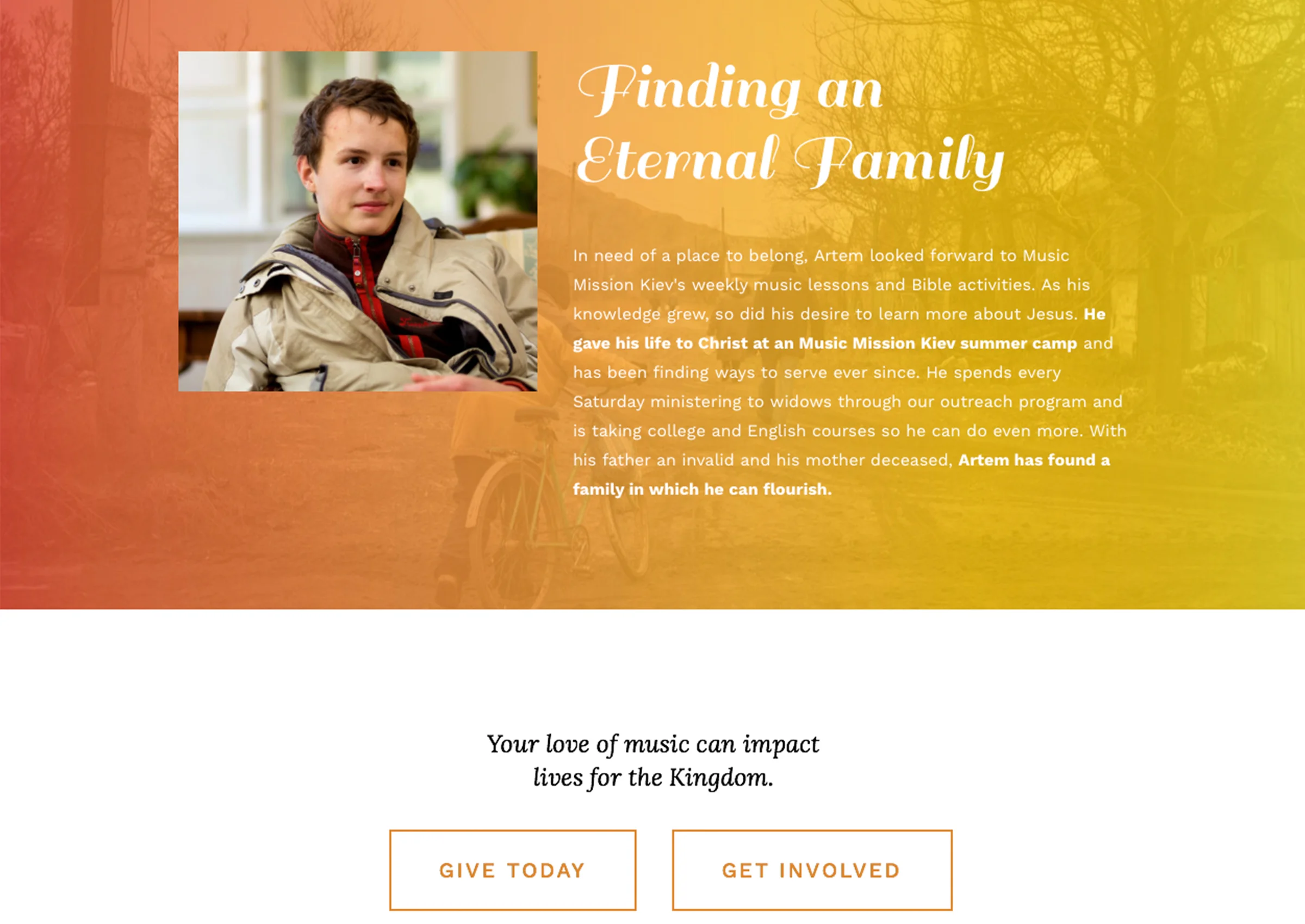 A story from the Care section of the website, along with the call-to-action buttons featured on every page.