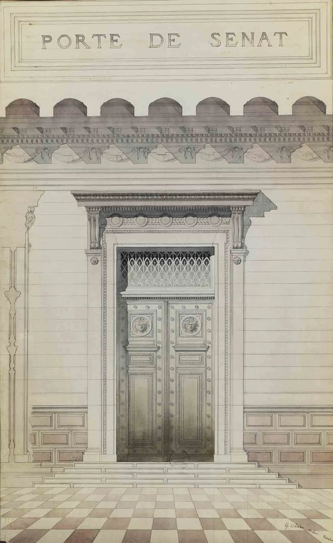 Jules-Germain Olivier (French, 1869-1940), Senate Door, late 1880s, pencil, ink and watercolor on paper, 41 7/8 x 27 13/16” framed 
