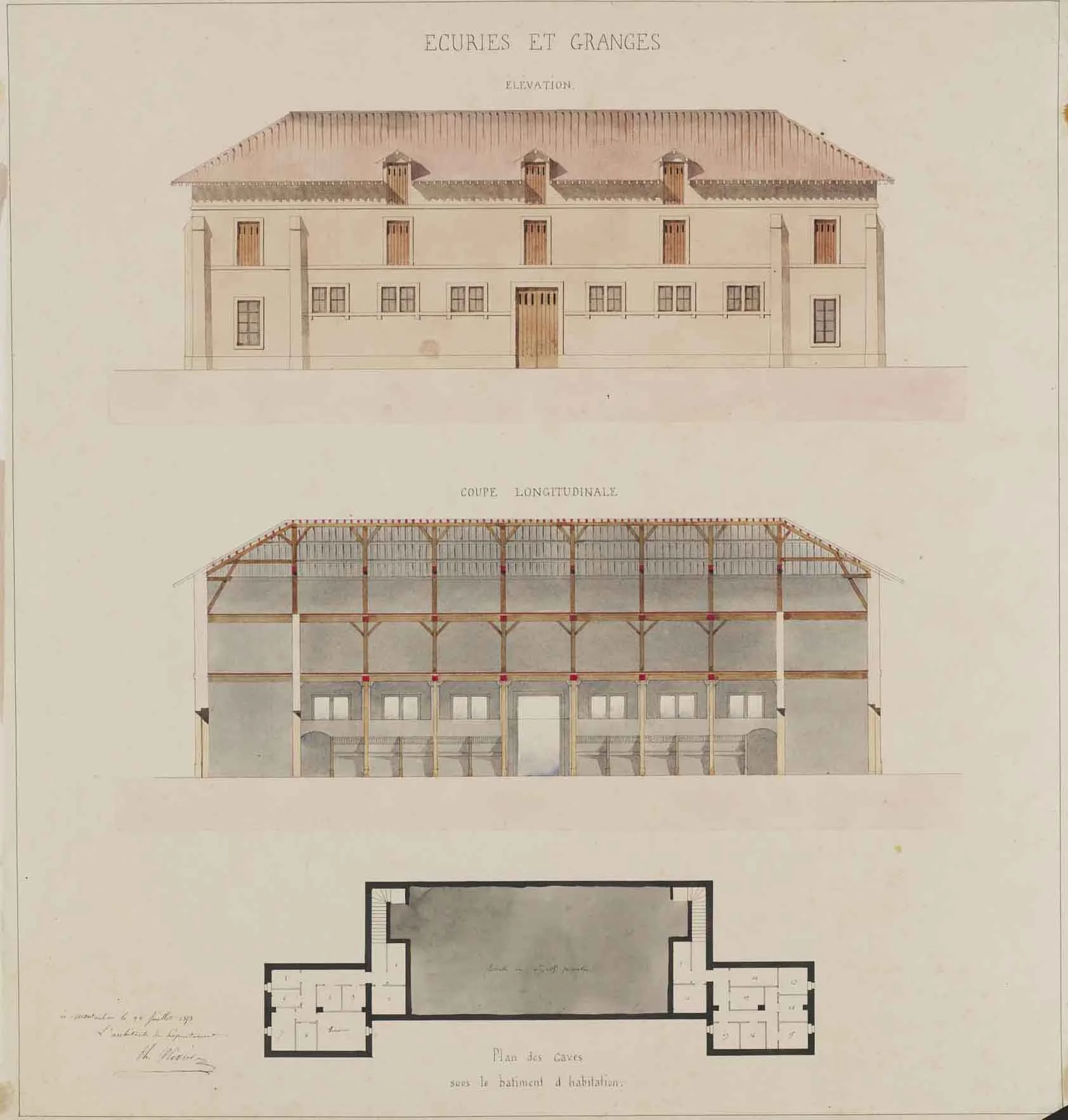 Théodore Olivier (French, 1821-1899), Stables and Barns: elevation, cross-section and plan, 1853, pencil and watercolor on paper, 34 1/4 x 32 1/4” framed 