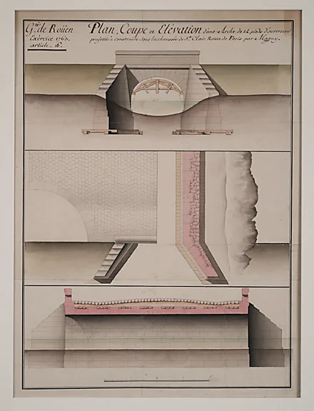 Rouen (French, 18th century), Proposal for a Bridge at St. Claire on the Road to Paris by Magny, 1763, pencil, ink, bistre and watercolor on paper, 25 1/4 x 19 1/4”