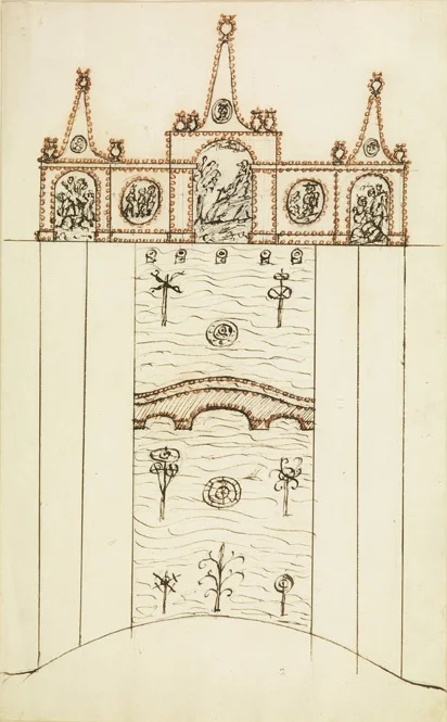English School, 18th century, Design for a Rocaille Fountain and Tank , ink and watercolor, 15 1/2 x 10 1/2”