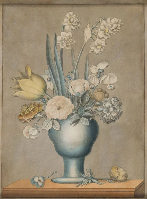 J.J. Prin, French, 19th c., Floral Still Life, watercolor and pencil, 14 x 11"