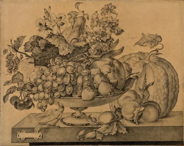 French School, c. 1800-1820, Still Life with Fruit Bowl and Bird, pencil, 23 5/8 x 25"