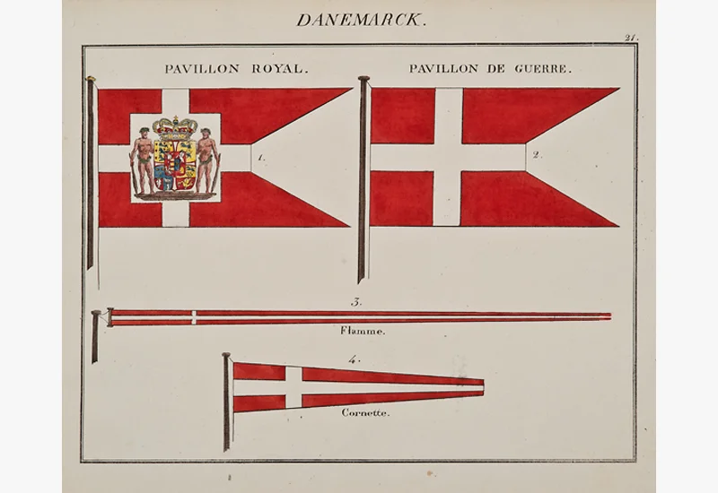 C. Motte, French, Danemarck, Marine Standard 21, c. 1820, hand colored lithograph, 9 1/2 x 12”