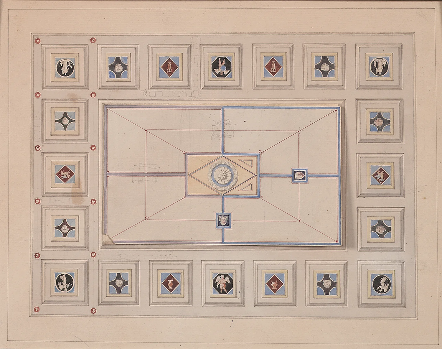 French, late 19th century, Coffered Ceiling Design, pencil, ink, bistre and watercolor on paper, 15 1/2 x 18 1/4” matted