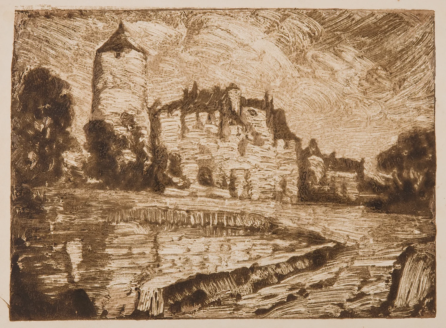 Henri Marchal, French, 1878-1949, Chateau with Tower, c. 1917, monotype, 7 x 9 3/4”