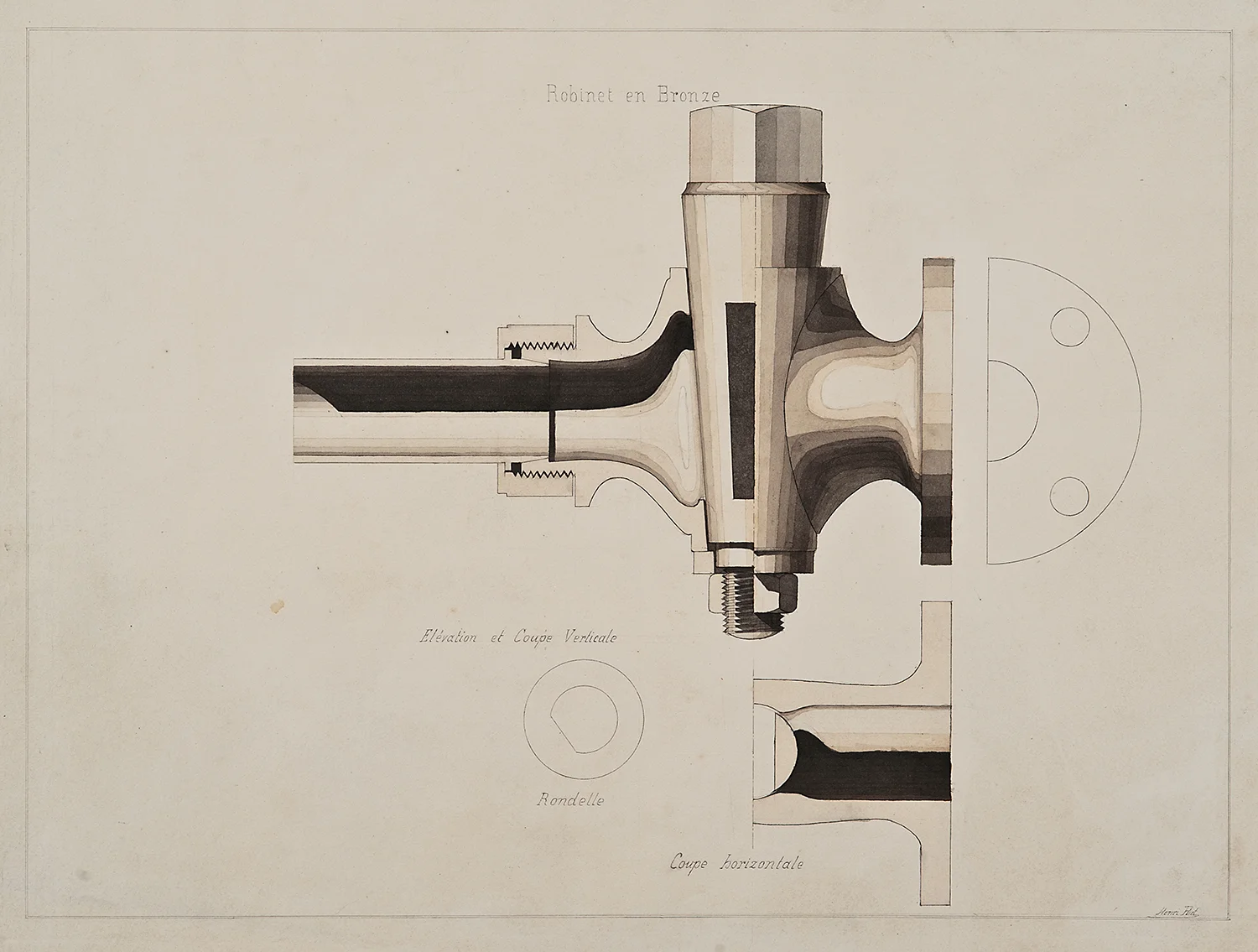 Henri Puet (University of France), Robinet en Bronze - faucet design, 19th century, ink and watercolor on paper, 19 1/8 x 25 1/4”