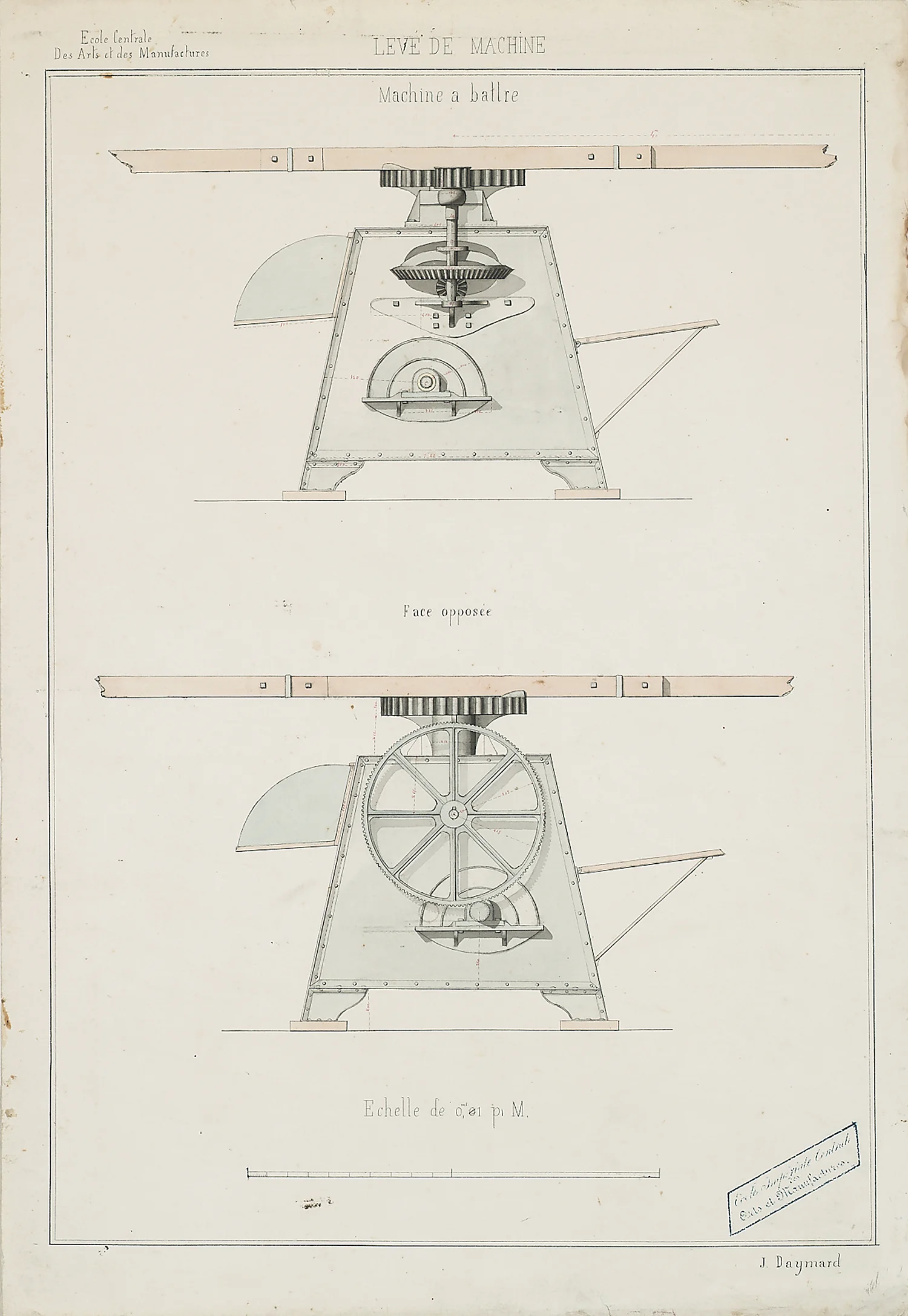 J. Daymard, Ecole Centrale des Arts et des Manufactures, Leve de Machine: Machine a battre, ink and watercolor on paper, 25 x 17 3/8”