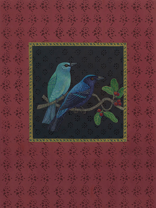 Antonia Munroe, Two Fairy Bluebirds, 2017 pigment dispersion on panel, 16 x 12”