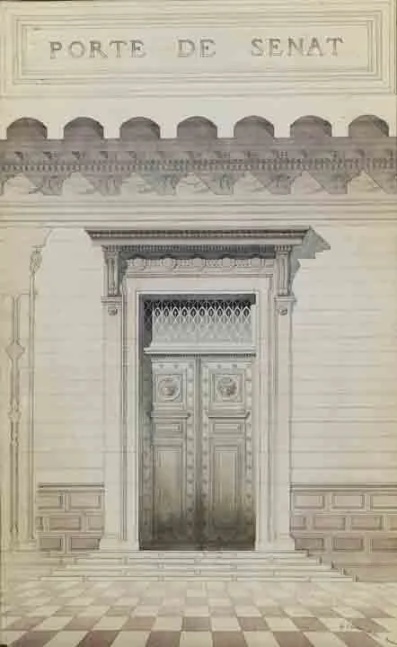Jules-Germain Olivier (French, 1869-1940), Senate Door, c. 1890, pencil, ink and watercolor on paper, 41 7/8 x 27 13/16” framed