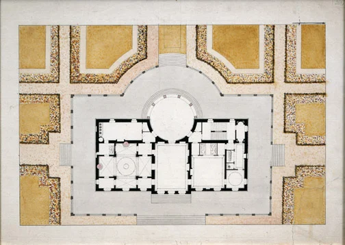 François Leonard Seheult (French, 1771-1840), Plan of Building and Grounds, c. 1800, pencil, ink and watercolor on paper, 16 3/4 x 22 1/4” framed