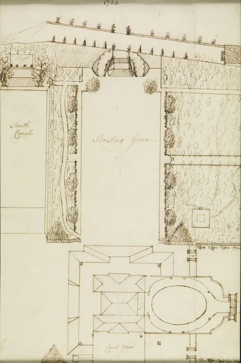 British, 18th century, Garden Plan with Bowling Green and Canal, 1763, ink on paper, 16 x 10 1/2”